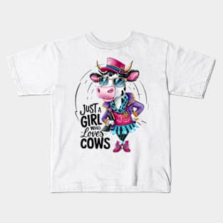 In this vibrant and whimsical 4k vector illustration, a delightful cow character exudes infectious charm(3) Kids T-Shirt